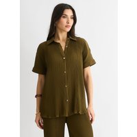 Olive Plisse Short Sleeve Oversized Shirt