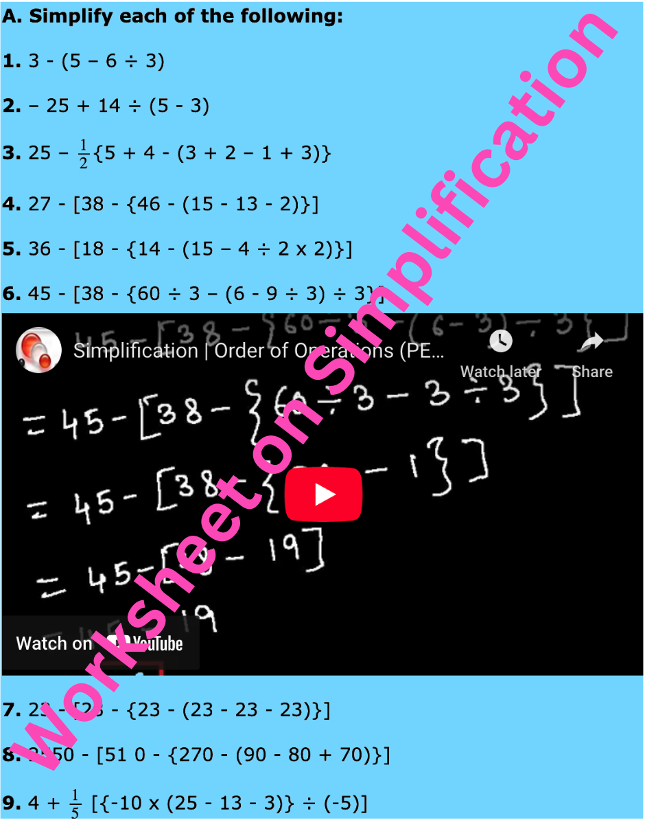 Worksheet on Simplification Worksheet on Simplification