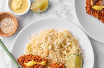 Keto chicken katsu with sesame cabbage and curry mayo