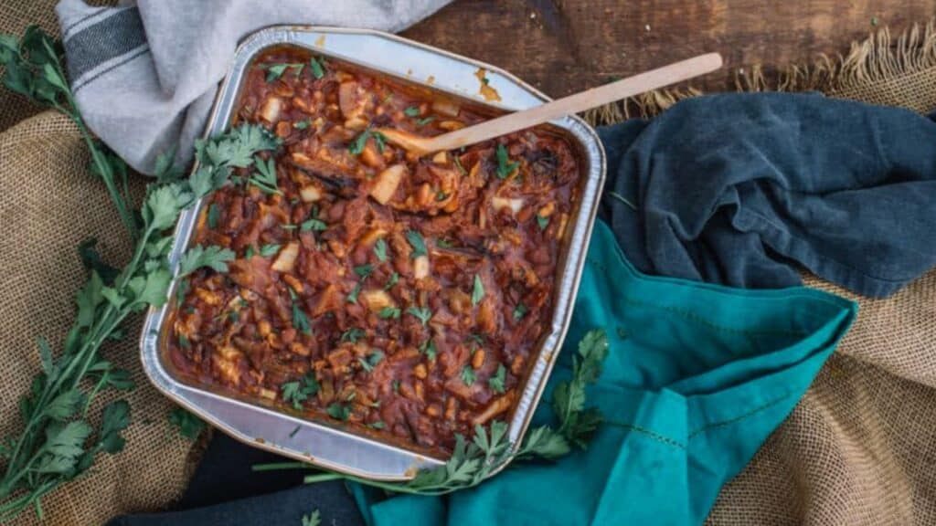 Tray of smoked baked beans.