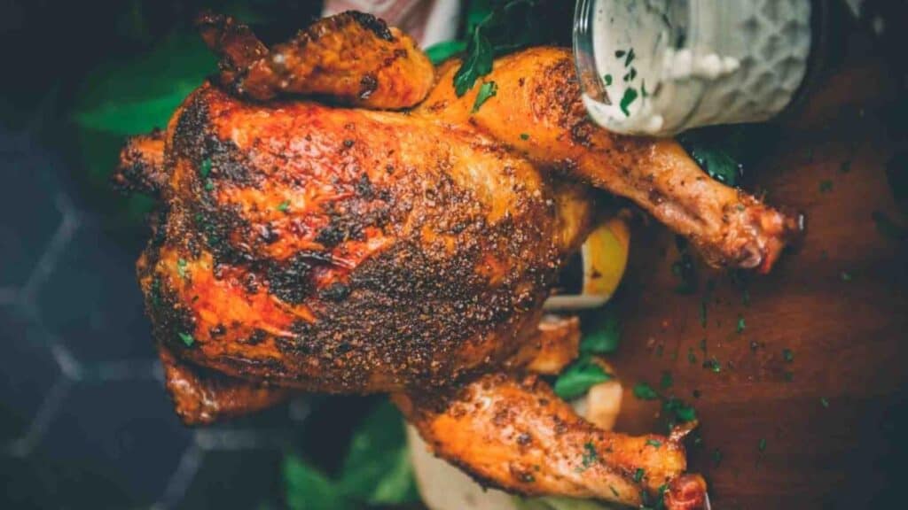 Beer can chicken ready to be served.