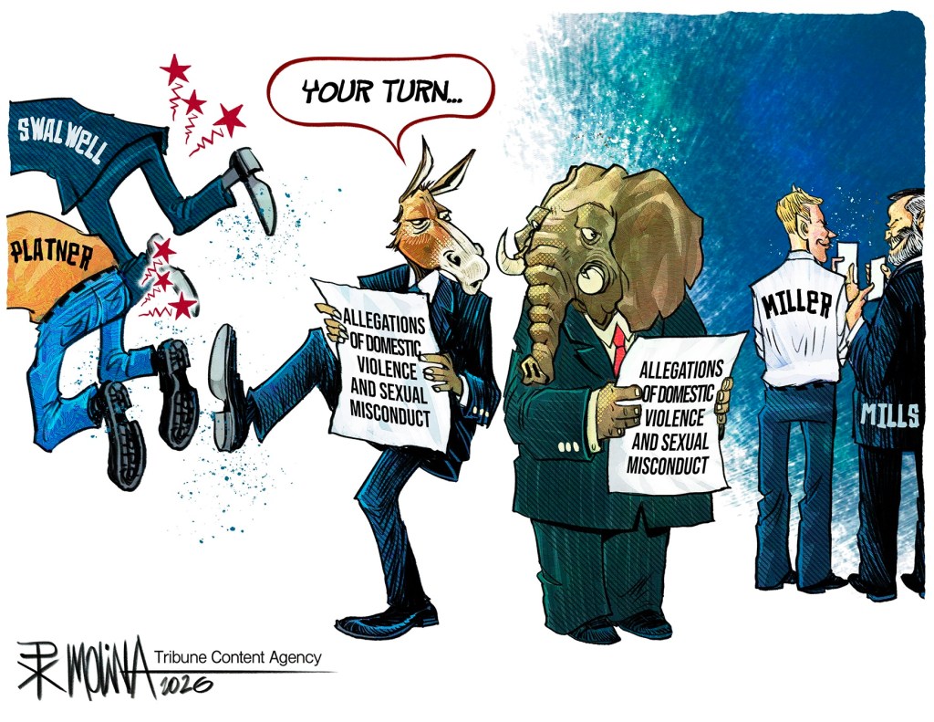 A cartoon by Pedro Molina showing Democrats kicking the politicians with abuse allegations out of the party, while the GOP just stands there next to Max Miller.