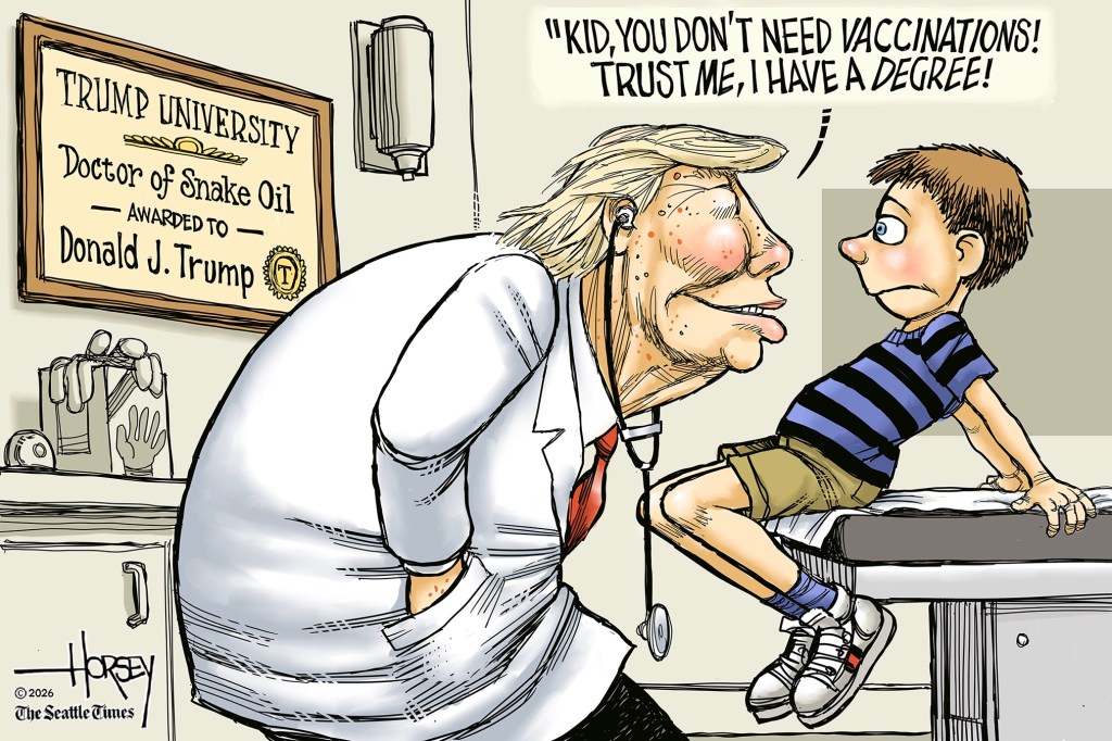 A cartoon by David Horsey mocking Donald Trump's tendency to spout misinformation about vaccines and medial issues.