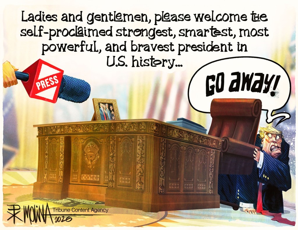 A cartoon by Pedro Molina showing a reporter holding out a microphone to Trump, who is hiding behind his desk and saying, "Go away!"