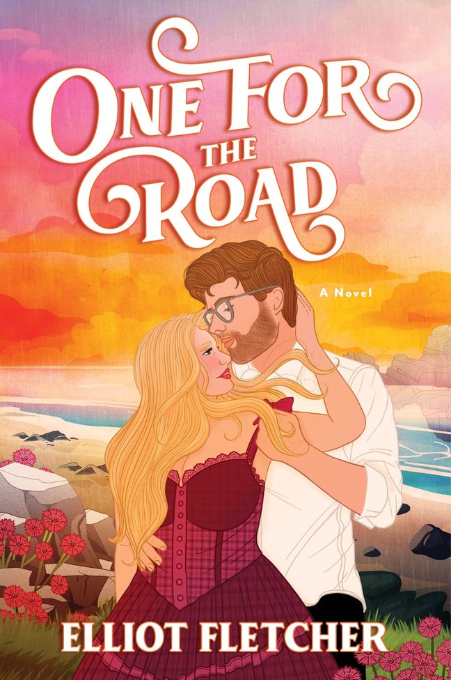 One for the Road by Elliot Fletcher. An illustrated cover. A rocky beach at sunset. A man with light brown hair and a beard stands behind a woman. He has glasses and is wearing a white button down shirt. A blonde woman in a red gingham dress is in front of him with her arm up, wrapping around his face. Her head is tilted to the side, giving us concerns about her neck.