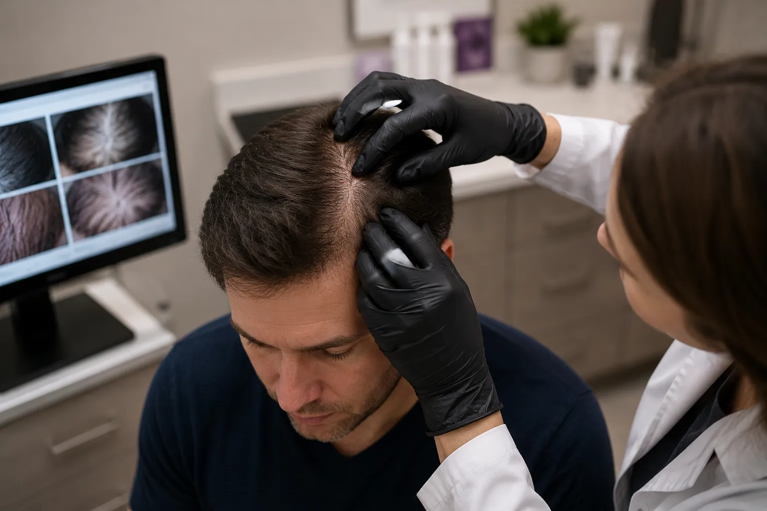 Dermatology provider examining a male patient’s thinning hair and scalp during a professional hair restoration evaluation in Nashville.