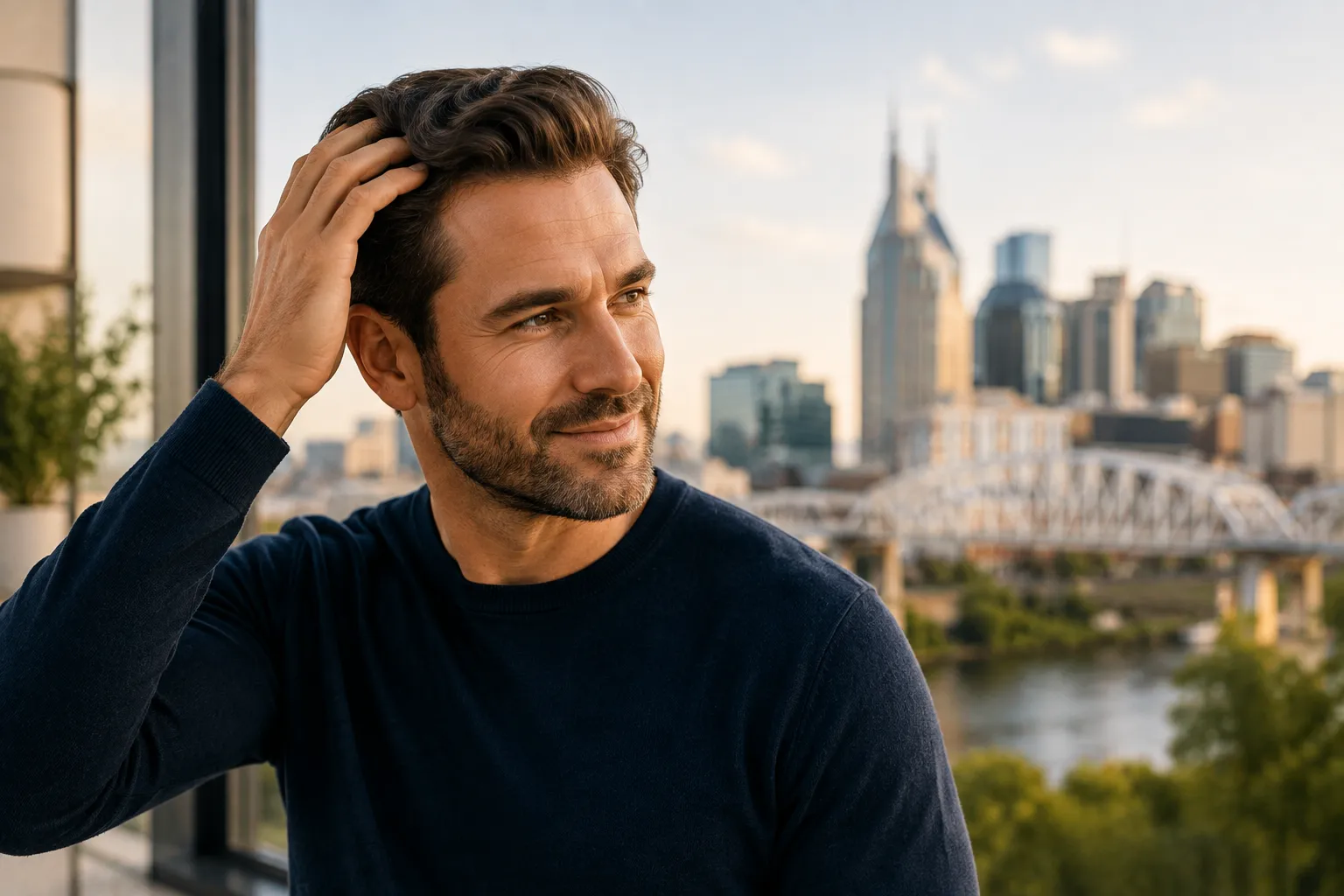 Nashville man assessing his hair and scalp while exploring advanced dermatology-based hair loss treatment options.