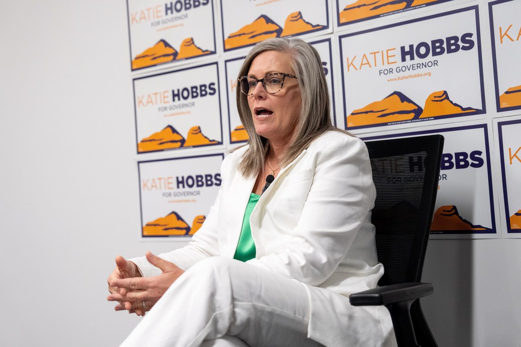 Democratic Arizona Gov. Katie Hobbs speaks during an interview with The Associated Press, Tuesday, Oct. 7, 2025, in Phoenix