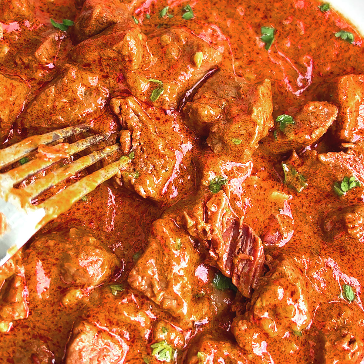 Tender beef chunks simmer in a velvety paprika sauce