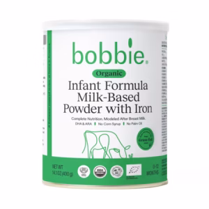 Can of Bobbie organic infant formula.