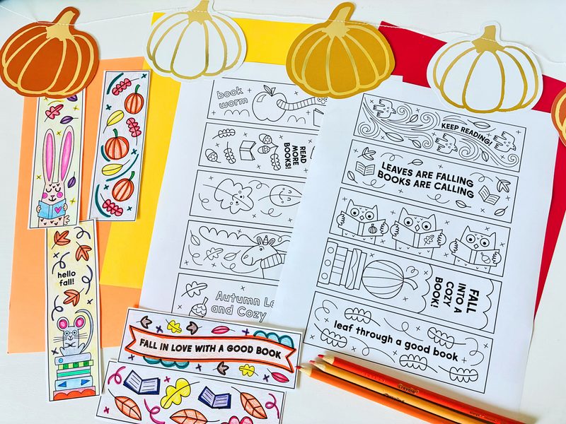 an image of color and black and white printable fall bookmarks