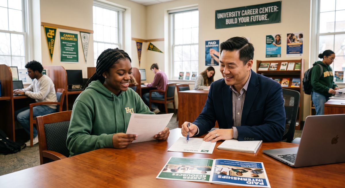 college student meeting with career center counselor