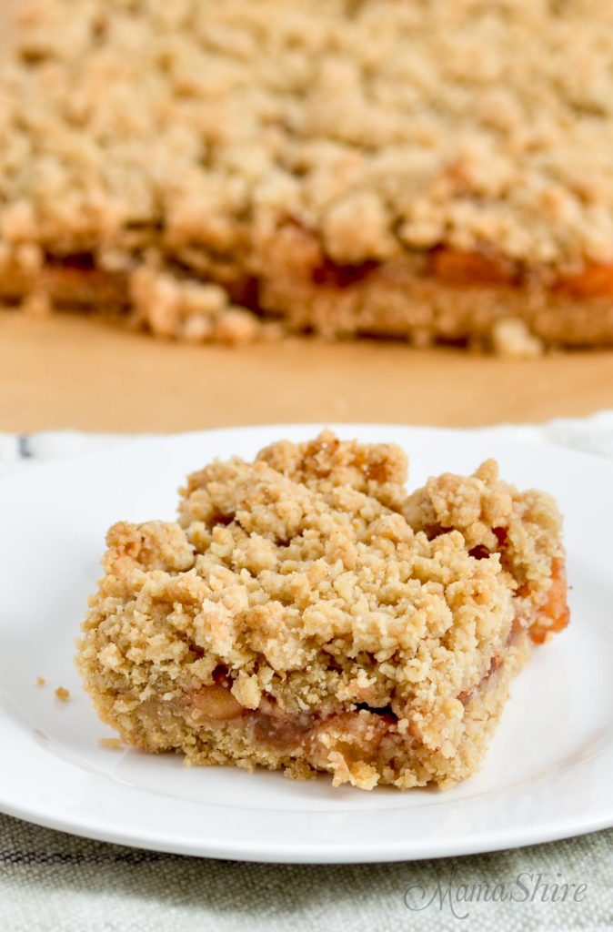 A serving gluten-free apple oatmeal bar. Made with gluten-free oatmeal.