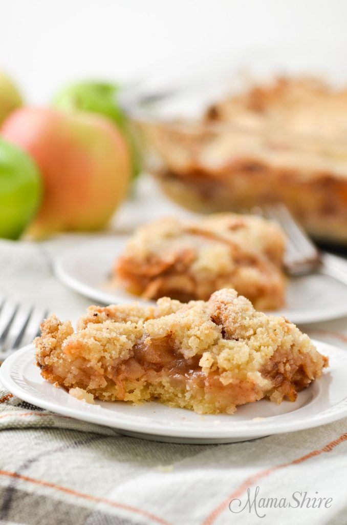 A slice of gluten-free apple slab pie on a white dessert plate.
