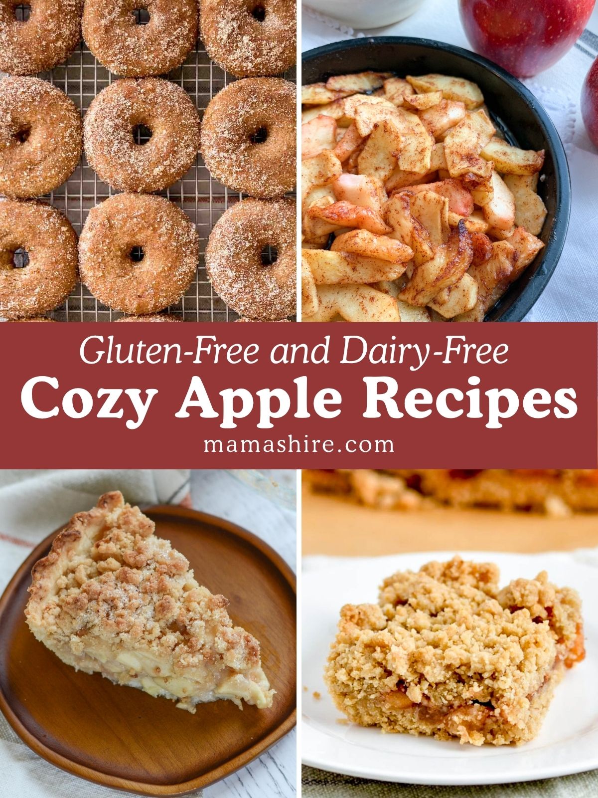 Four pictures showing different gluten-free apple recipes. The four pictures show apple cider donuts, air fryer sliced apples, Dutch apple pie and apple oatmeal bars.
