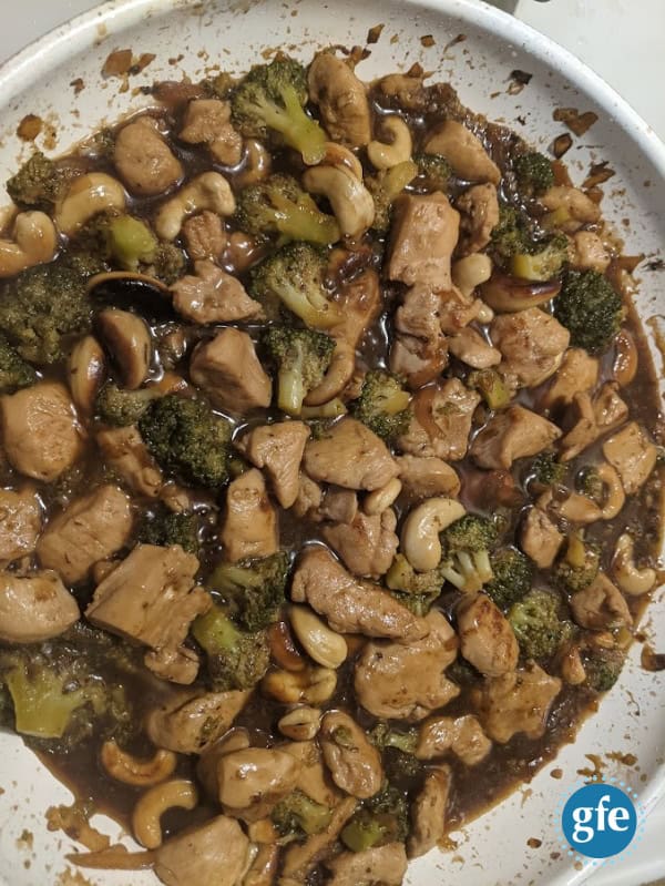 Gluten-Free Cashew Chicken with Broccoli. With only a single change required to make this recipe gluten free, it's just like you remember. Shown here ready to eat in a ceramic non-stick Greenpan Skillet.