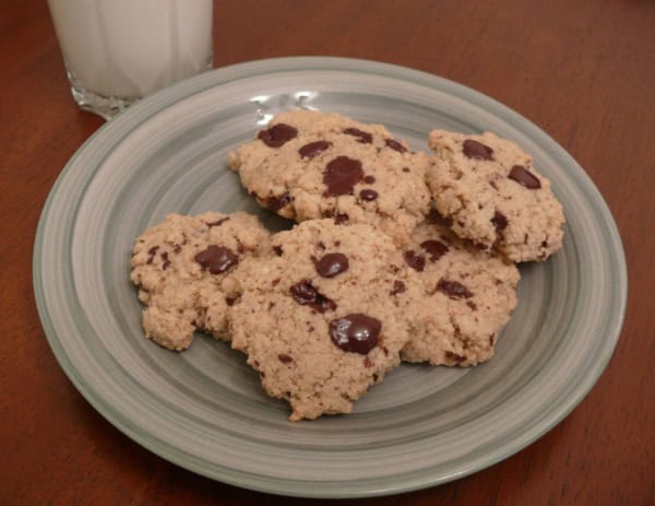 Gluten-Free Divine Chocolate Chip Cookies made from homemade macadamia nut butter on a gray/green pottery plate beside a glass of milk on a wooden table.