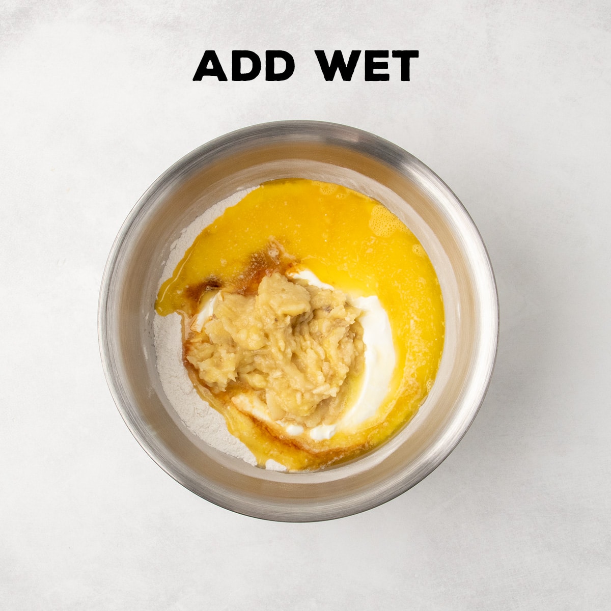 Mashed banana, melted butter, and other wet ingredients sit on top of the dry ingredients in a mixing bowl. Text reads “ADD WET.”