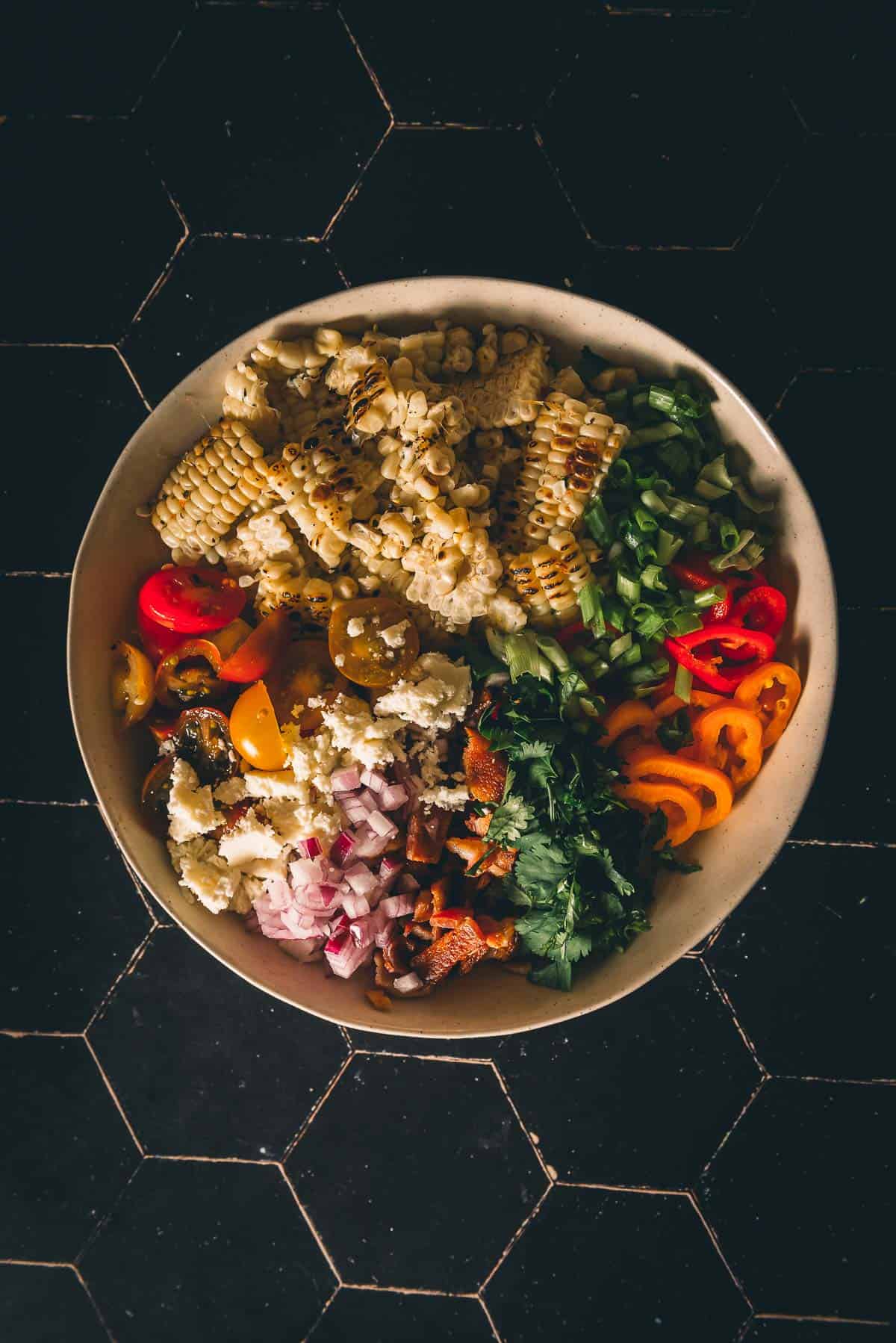 All the ingredients in a bowl waiting to be mixed. 