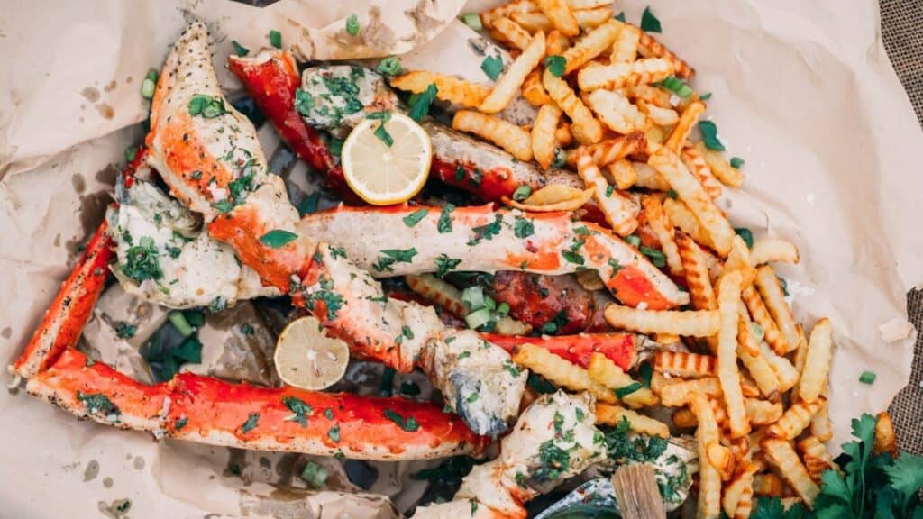 Platter of grilled crab legs.
