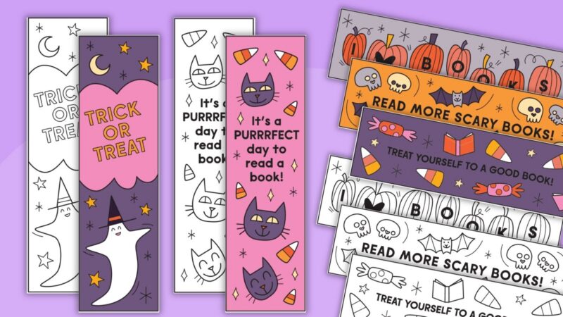 an image of printable Halloween bookmarks in color and black and white
