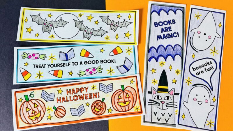 an image of five printable Halloween bookmarks that are colored in with marker