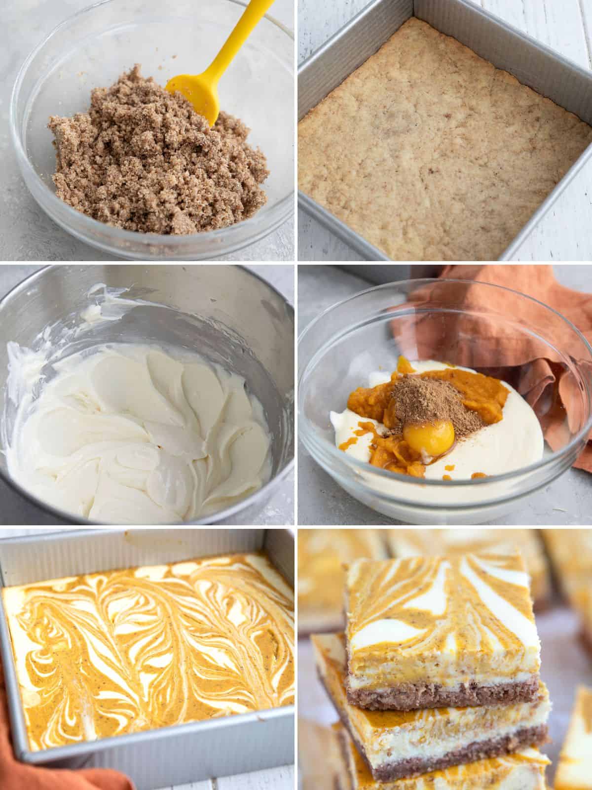 A collage of 6 images showing the steps for making keto pumpkin cheesecake bars.