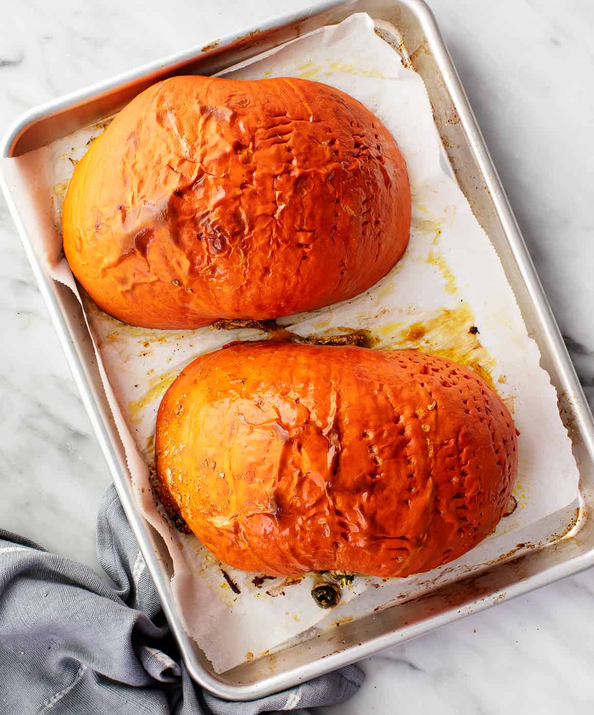 Roasted pumpkin on a baking sheet