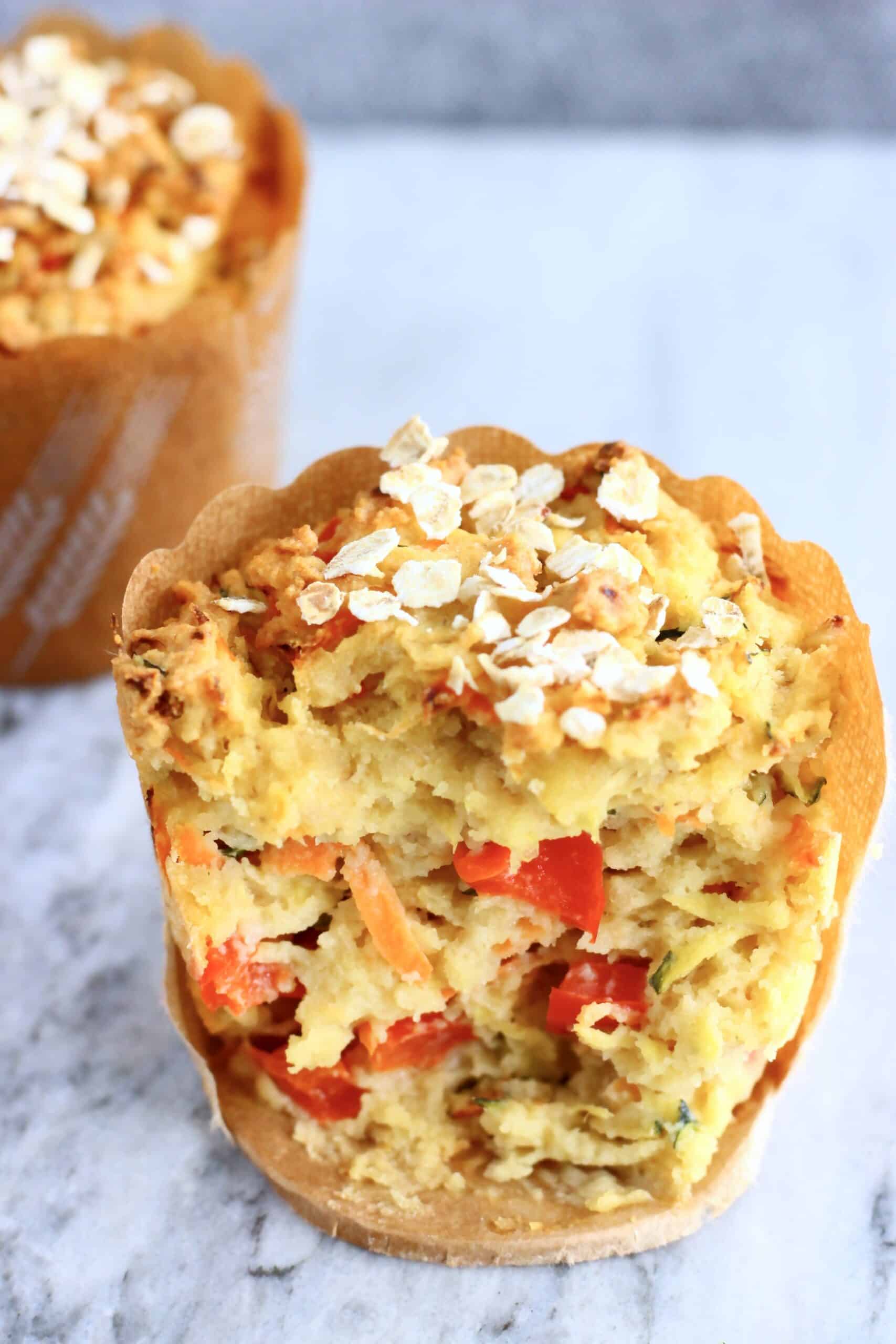 A halved gluten-free vegan savoury vegetable muffin