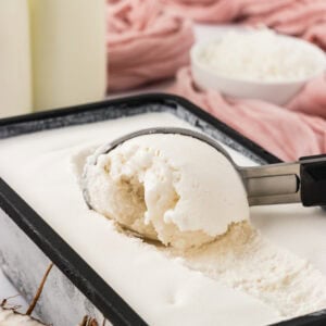 Scoop of creamy coconut sorbet in a loaf pan with shredded coconut and coconut milk in the background.