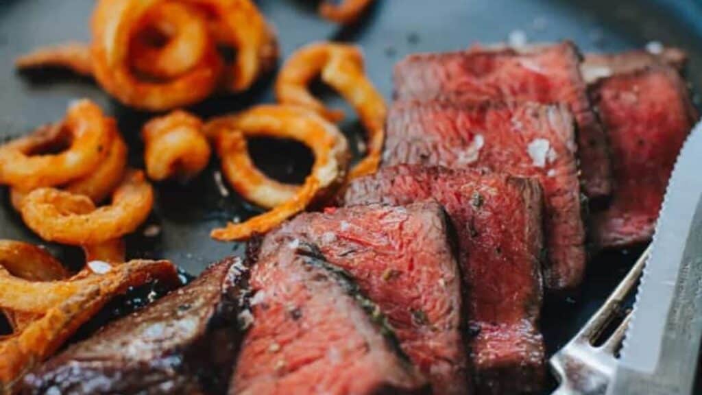 Sliced sirloin steaks.