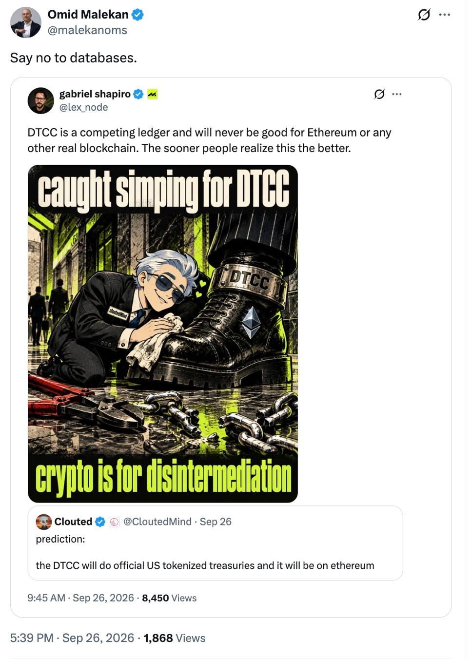 X user Omid Malekan (@malekanoms) X post reads, "Say no to databases." It quote-tweets user gabriel shapiro (@lex_node) saying, "DTCC is a competing ledger and will never be good for Ethereum or any other real blockchain. The sooner people realize this the better." Full tweet on X.com