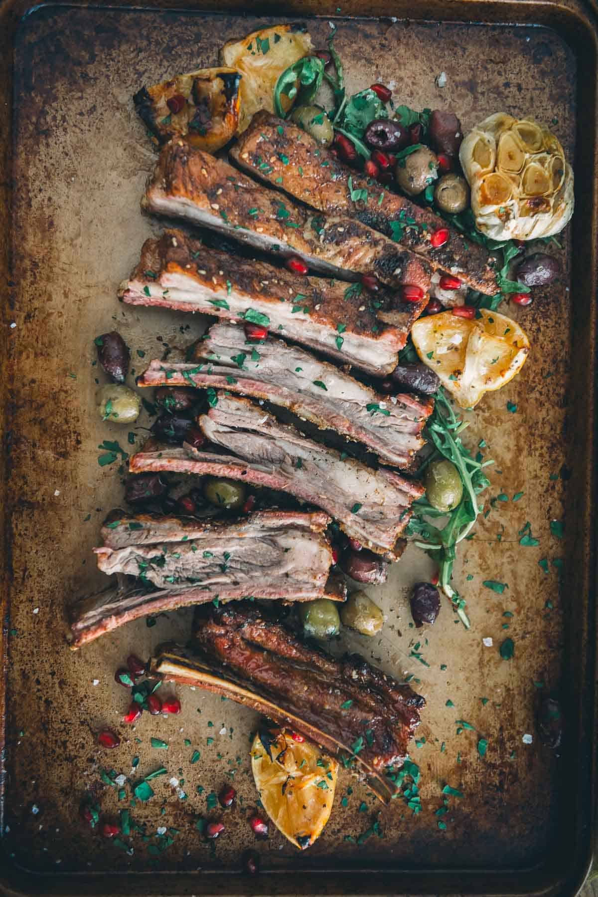 Lamb ribs sliced for serving.