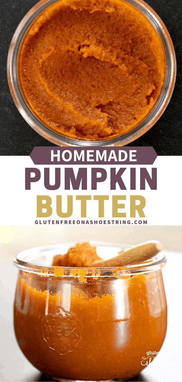 Pumpkin butter in a jar pictured overhead and from the side with a spoon