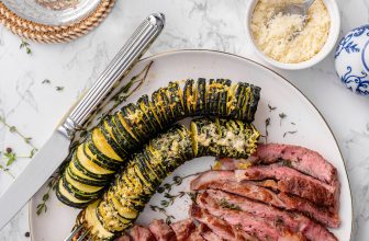 Ribeye with Hasselback zucchini and herb butter