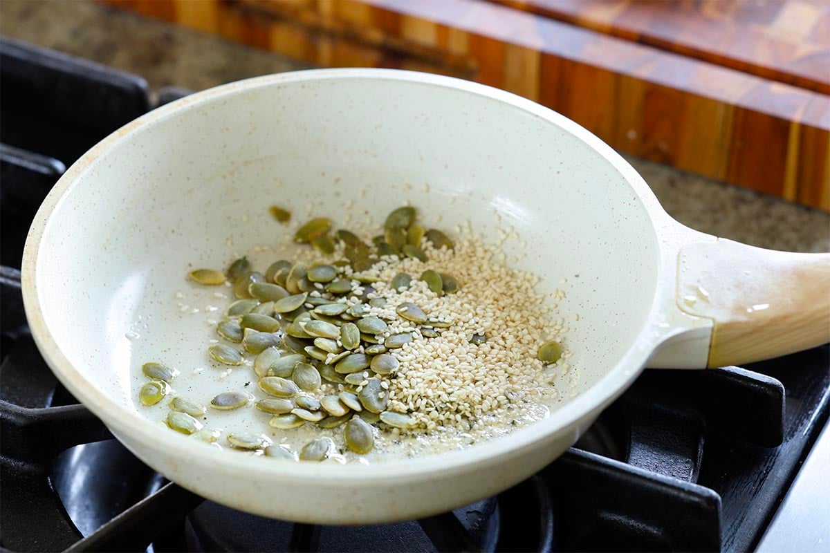 seeds in the pan before roasting 