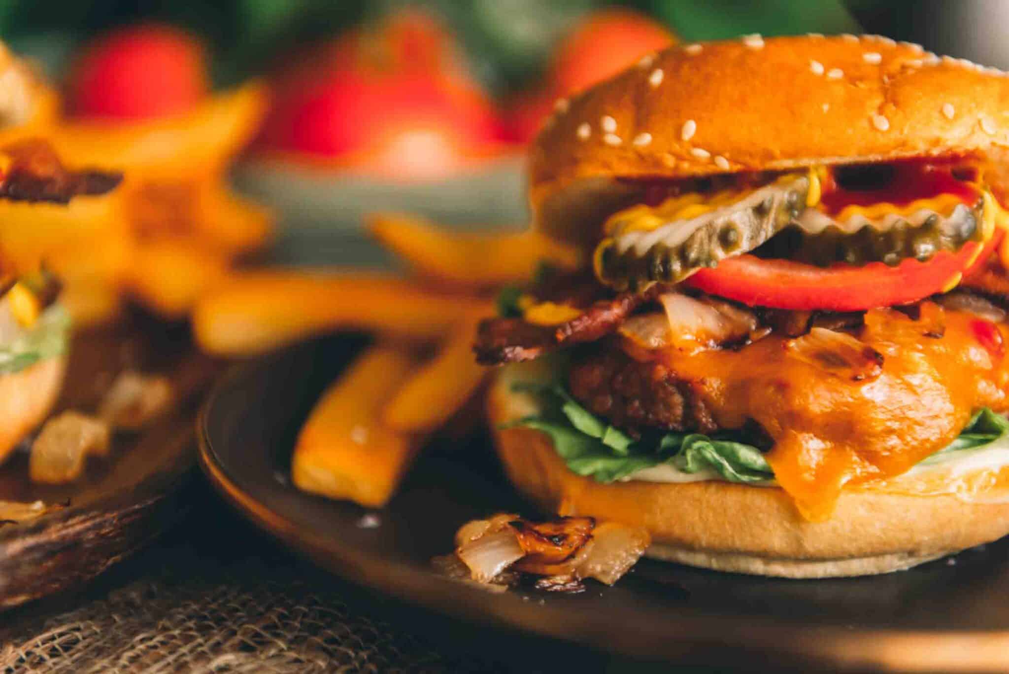 Two smoked hamburgers and fries on a plate.