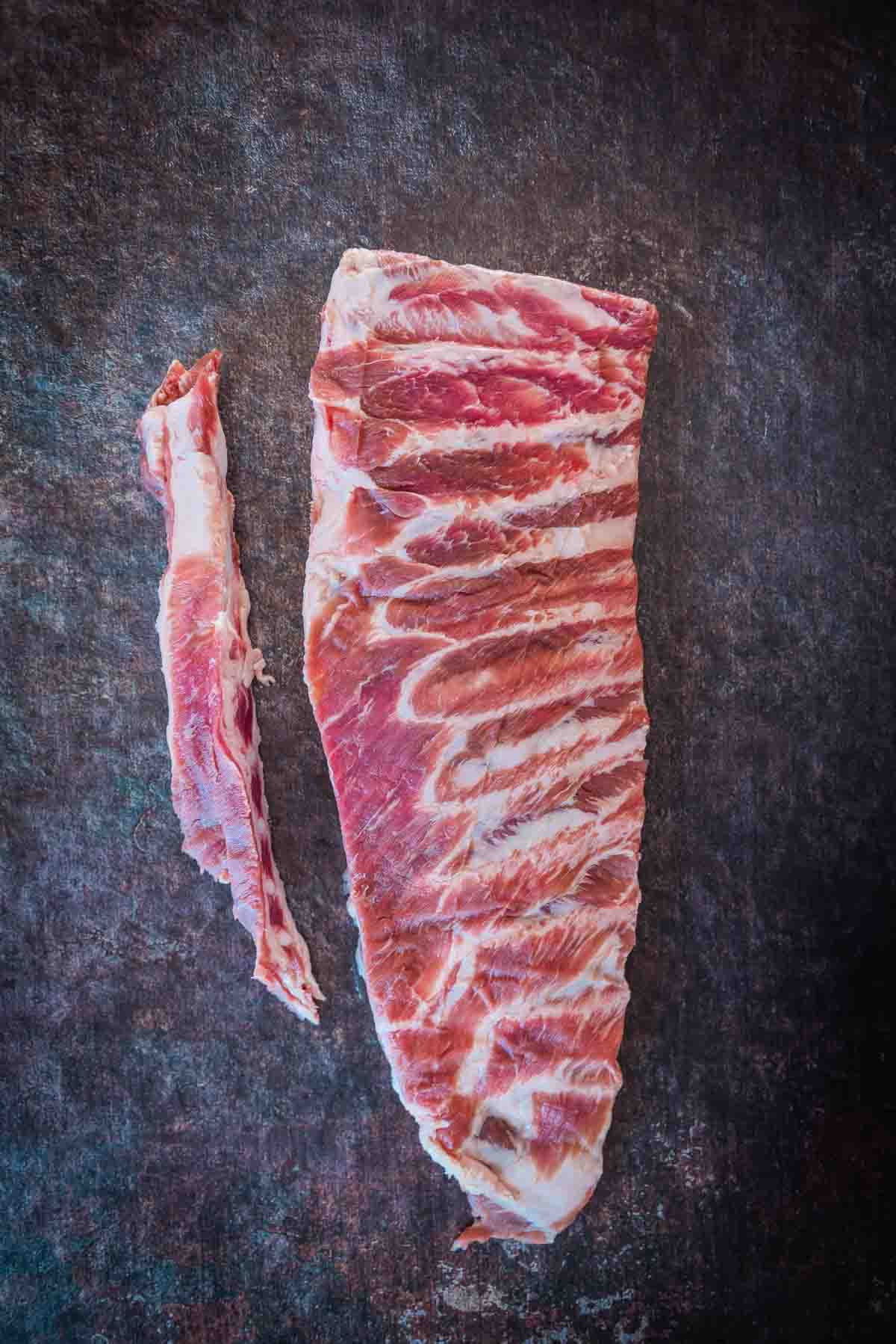 Spare rib rack with the sternum ribs tips area removed.