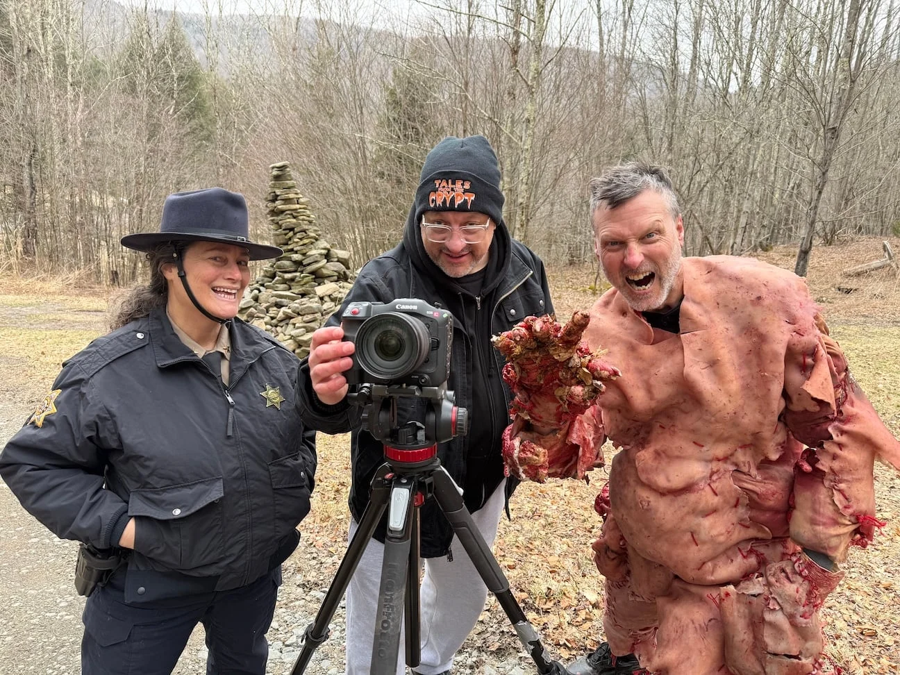 Toby Poser, Trey Lindsay and John Adams on the set of The Glorious Dead