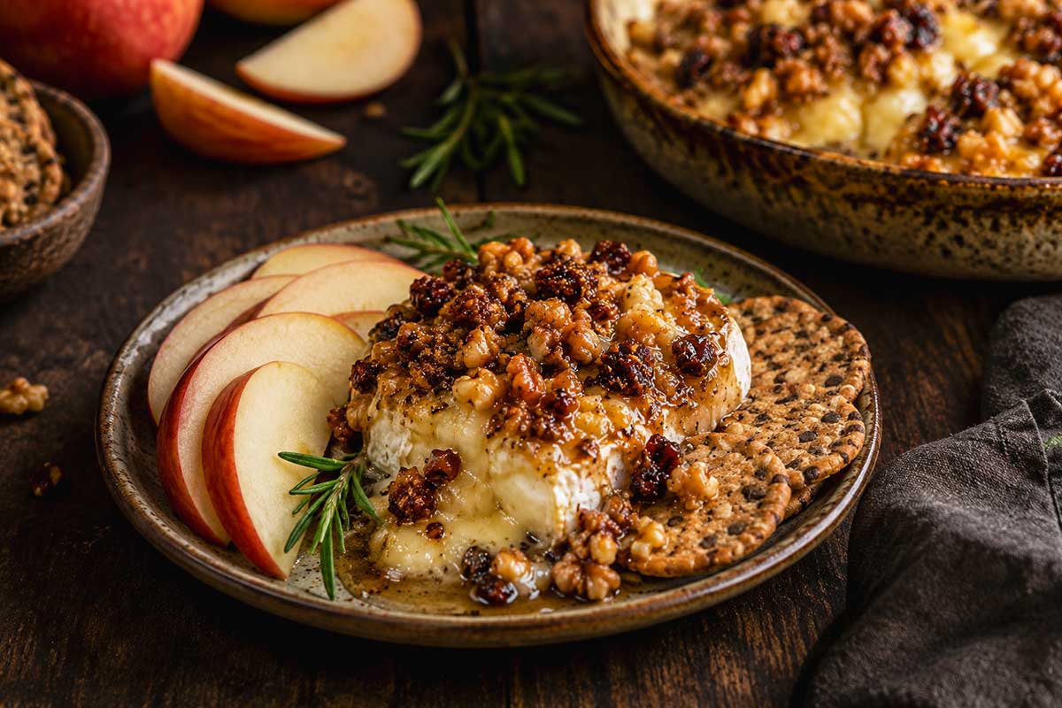 Warm Baked Camembert Dip with Walnuts, currants & Rosemary