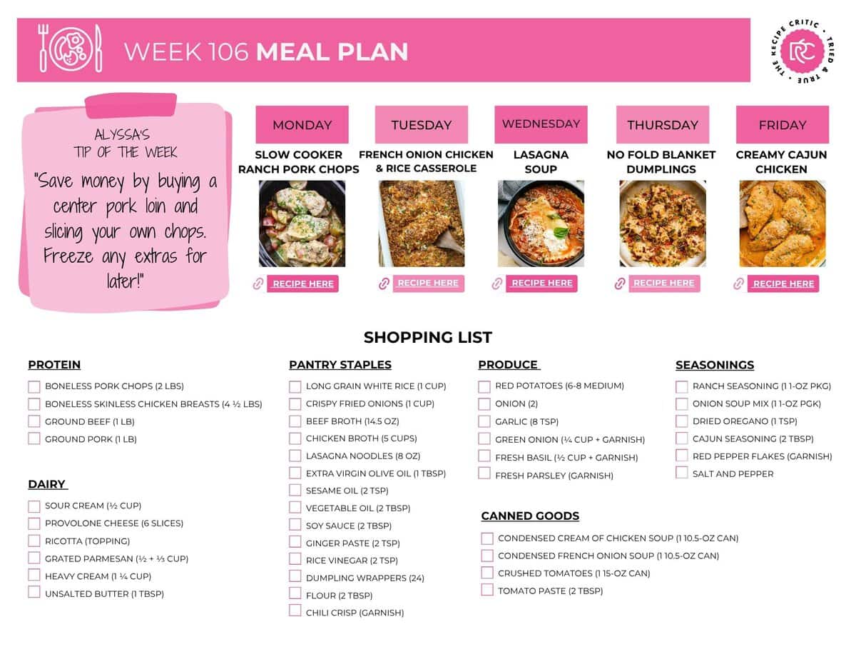 Printable shopping list for this weekly meal plan. 