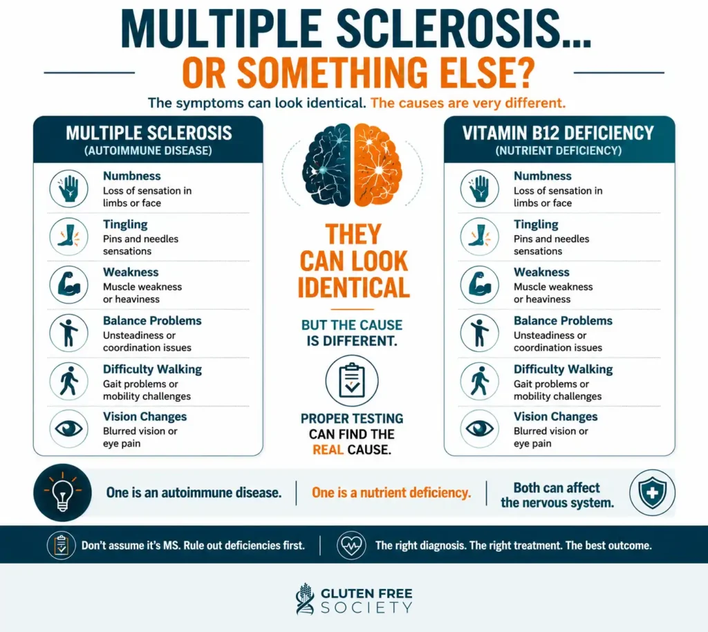 Medical infographic comparing multiple sclerosis and vitamin B12 deficiency, illustrating how both conditions can cause numbness, tingling, weakness, balance problems, walking difficulties, and vision changes.