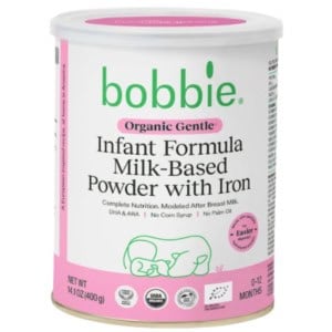 Can of Bobbie Organic Gentle Infant Formula on a white background.