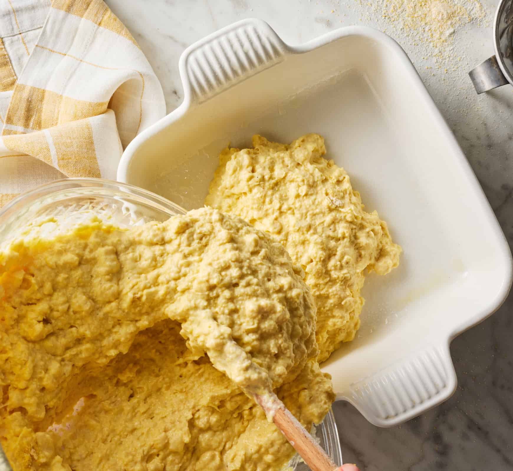 Pouring batter into square casserole dish