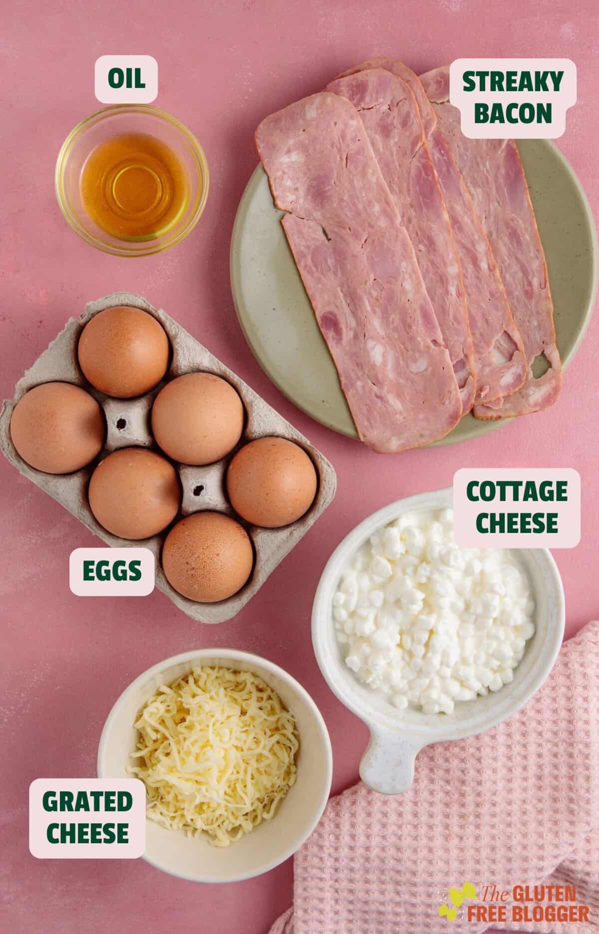 Ingredients for gluten free cottage cheese egg bites with text labels.