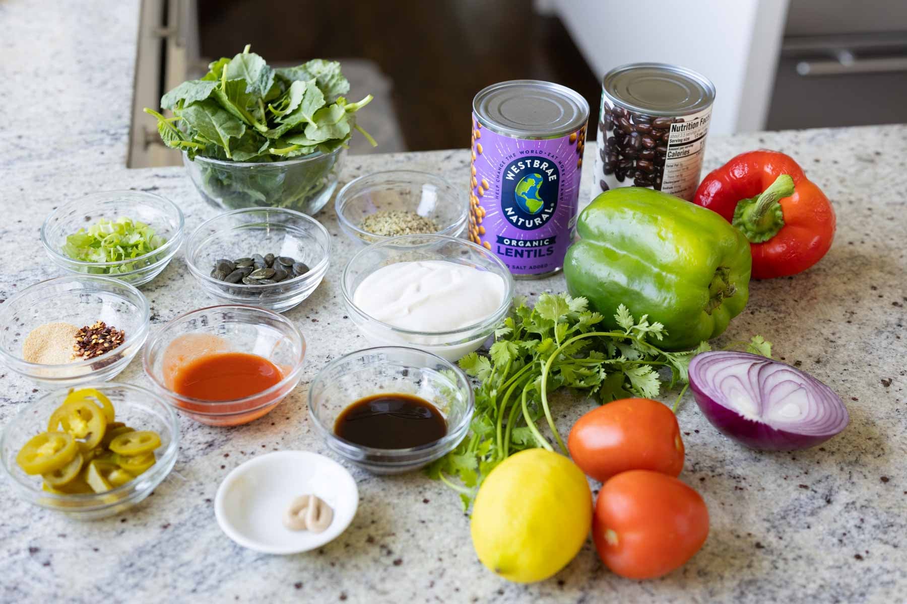 dense bean salad ingredients on the kitchen counter