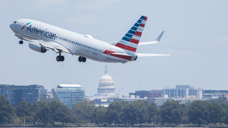 American Airlines flight takes off over Washington, D.C. at the Ronald Reagan Washington National Airport.