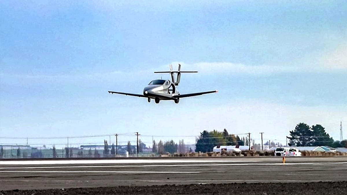 A flying car prototype takes flight.