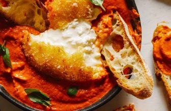Fried Burrata over Romesco Sauce
