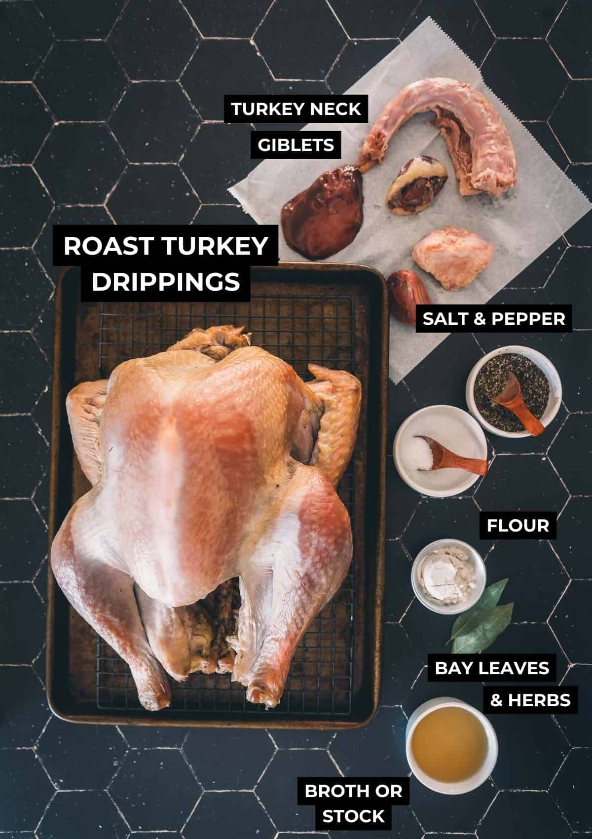 Ingredients for the giblet gravy on a working surface.